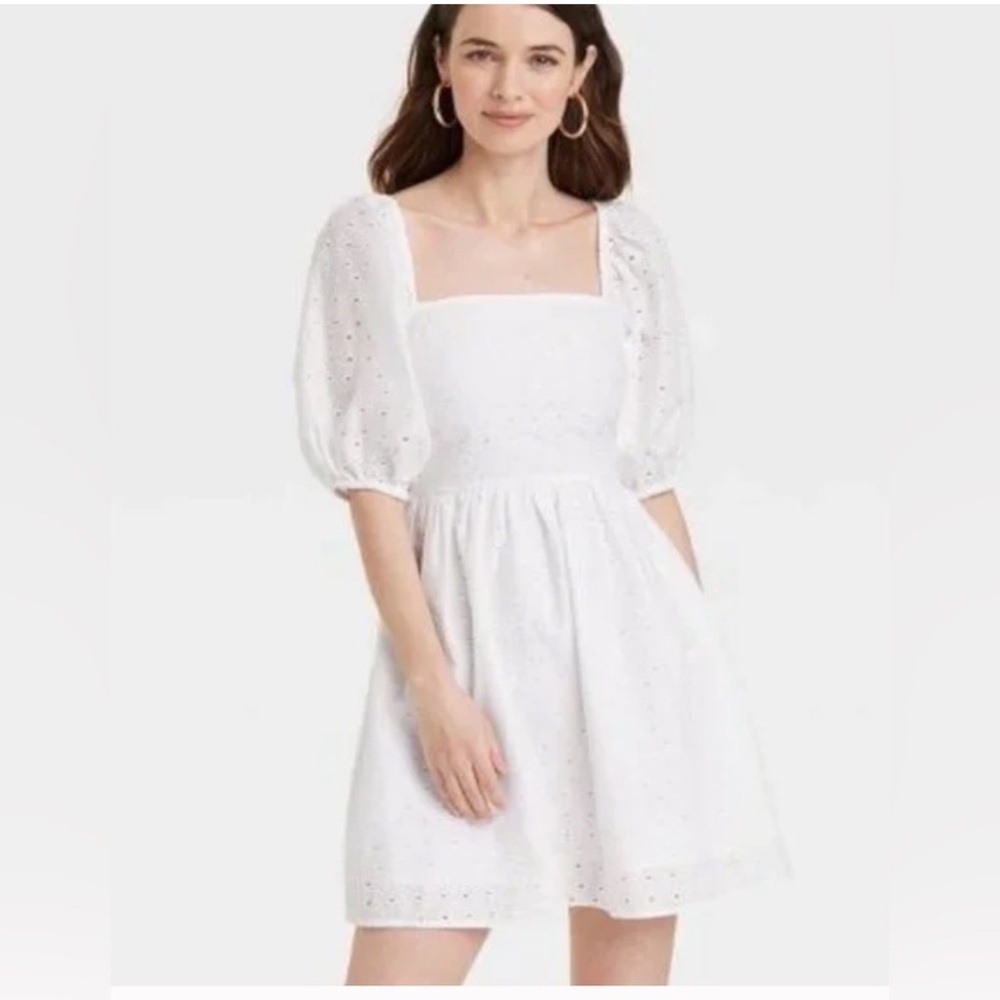 2/$30 A New Day - White Eyelet Mini Dress with Puff Sleeves